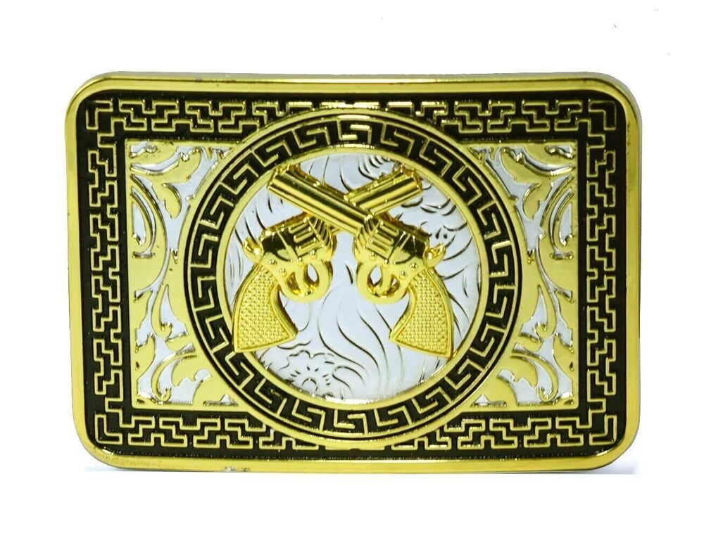 9019 Dart Double Guns Belt Buckle With Golden Border Acanthus Flower